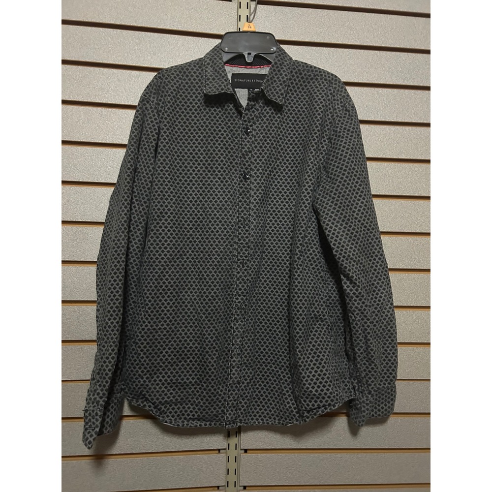 Signature Studio Mens M Grey Black Geometric Diamond Long Sleeve Button Down